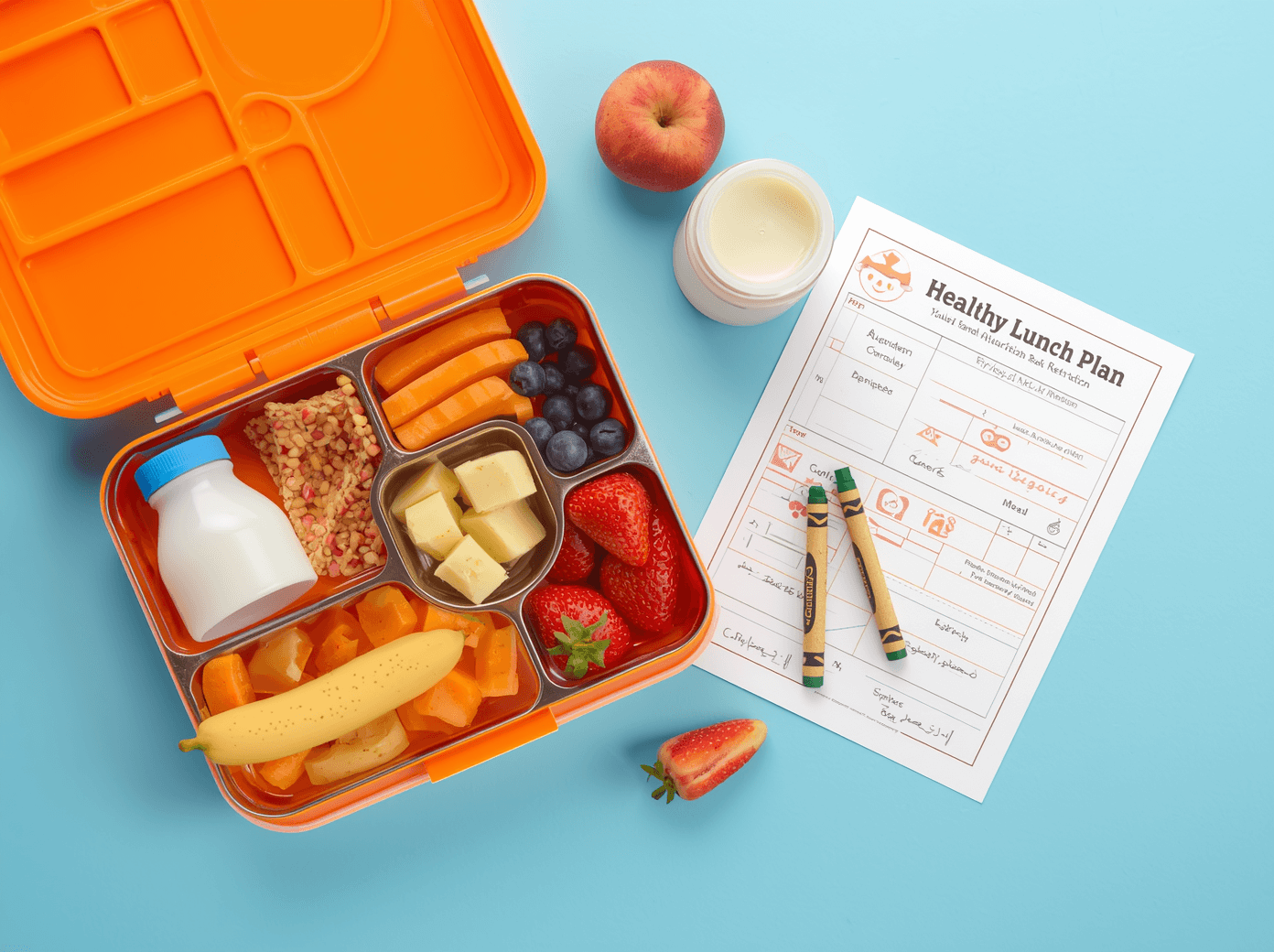 Child nutrition concept on a bright light-blue background, featuring a colorful lunchbox with healthy snacks, milk bottle, fruits, and a 'Healthy Lunch Plan' sheet with crayons — cheerful, educational