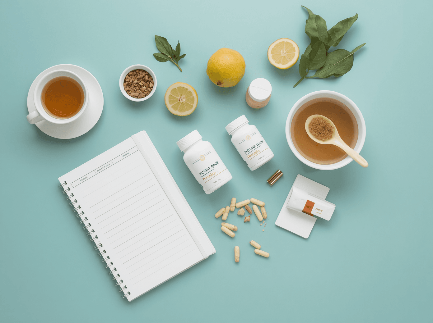 PCOS care concept on a calm teal background, showing herbal tea, planner notebook, fruits, and supplements arranged neatly on a white surface — soothing, feminine, and wellness-oriented. Gentle color palette, minimal