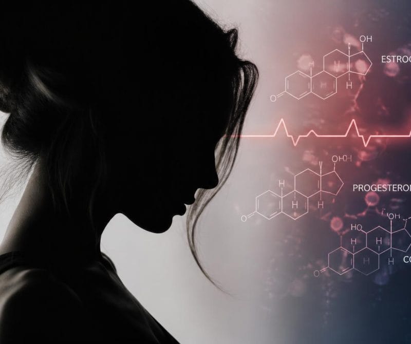 Faceless side profile of a woman with abstract hormone molecules and heartbeat line overlay, symbolizing PCOS as a holistic health challenge.